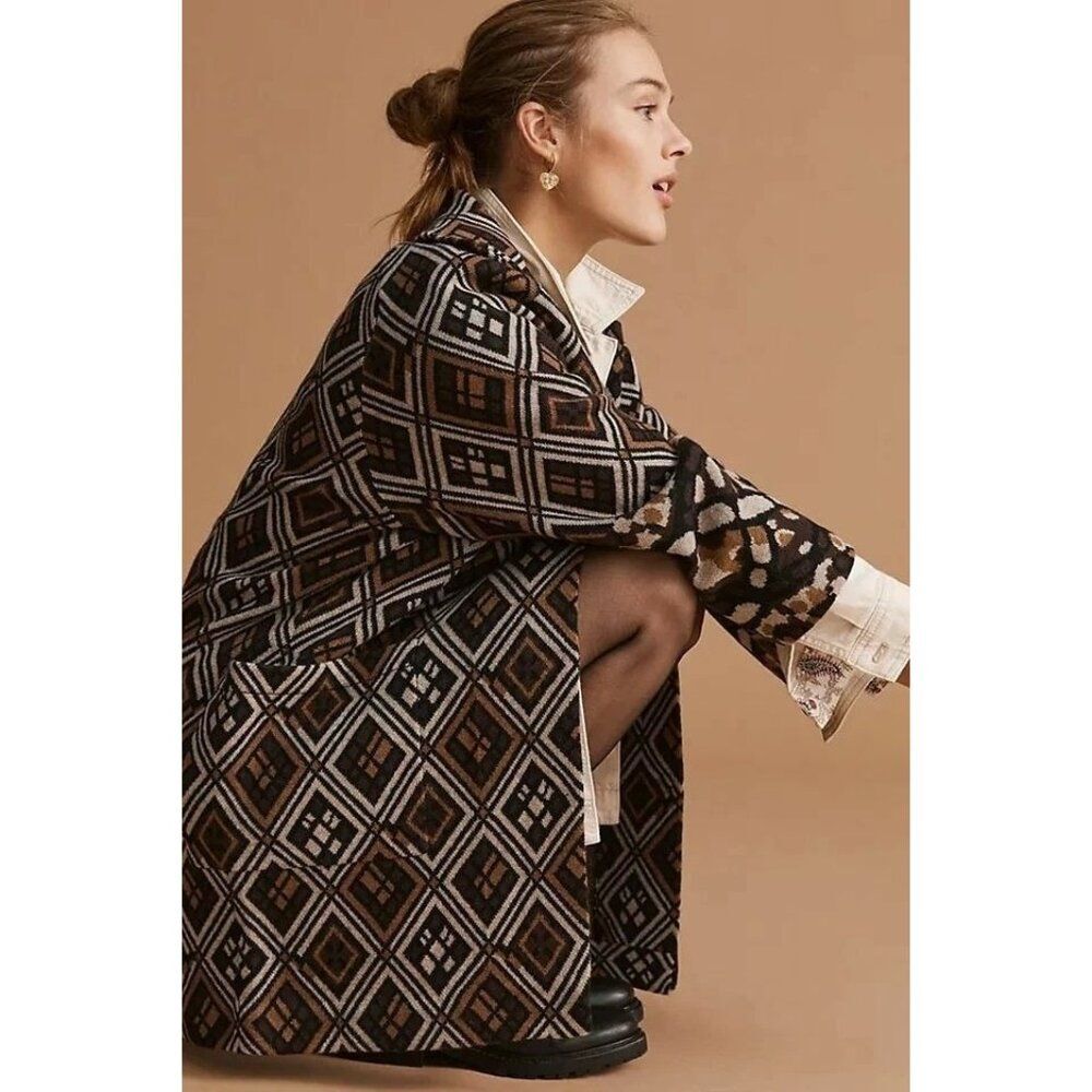 Anthropologie Field Flower Geo Wool Sweater Coat Size Small NEW